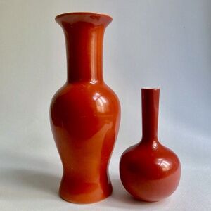 Set of 2 Mann Red Orange "Les Vases" Pottery Vases, 1980s